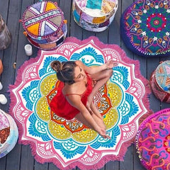 Multifunctional Indian Tapestry With Tassel Lotus Printed Beach Towel Wall Hanging Yoga Mat Bikini Cover-Up Home Decoration