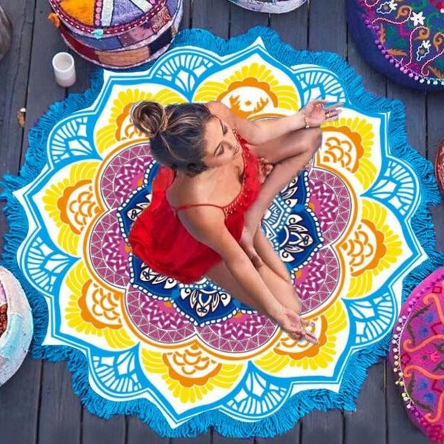 Multifunctional Indian Tapestry With Tassel Lotus Printed Beach Towel Wall Hanging Yoga Mat Bikini Cover-Up Home Decoration