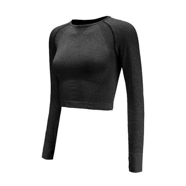 Rough Loli Women's Pink Seamless Long Sleeve Crop Top Yoga Shirts with Thumb Hole Running Fitness Workout Seamless Top Shirts